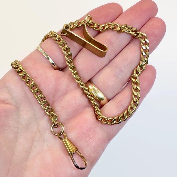 Watch Chain, Belt Clip, Dog Clip, Vintage, 14 3/4" Long, Brass, Dead Stock - Picture 1 of 3